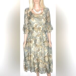 Le Ragazze floral ruffle hem Sage midi dress Size Small NWT